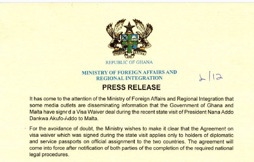 PRESS RELEASE – Ministry Of Foreign Affairs And Regional Integration